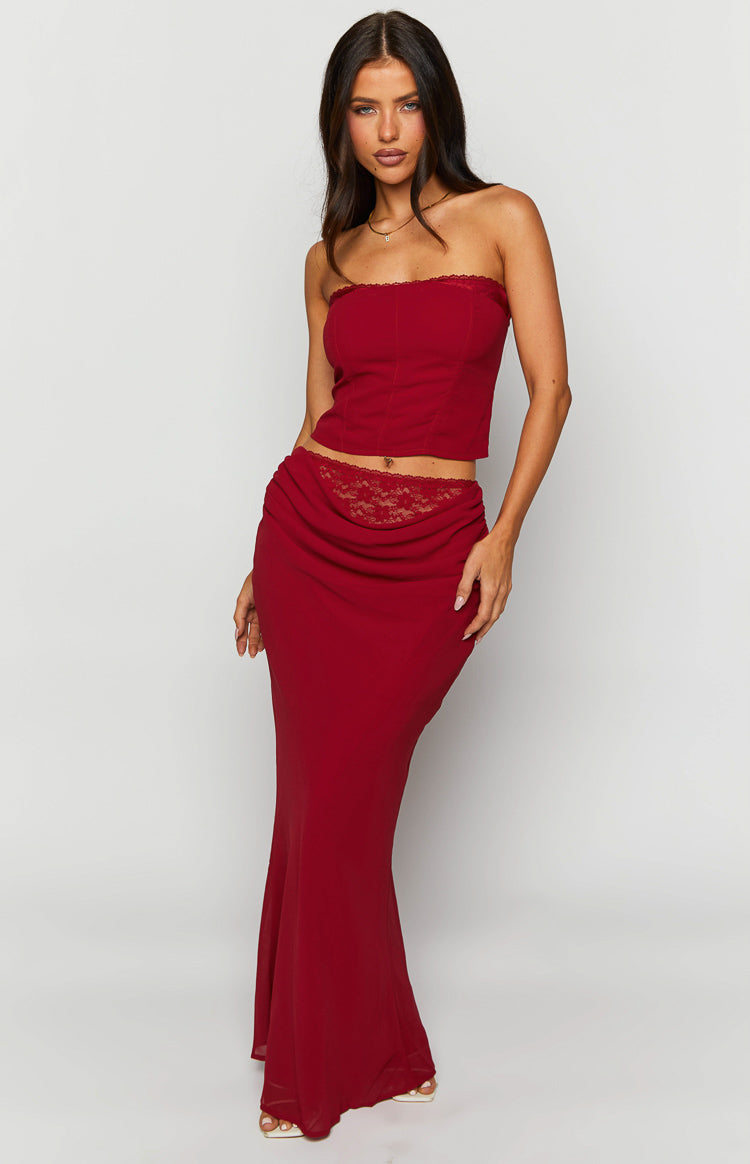 Crimson Rose Red Lace Maxi Skirt — 1