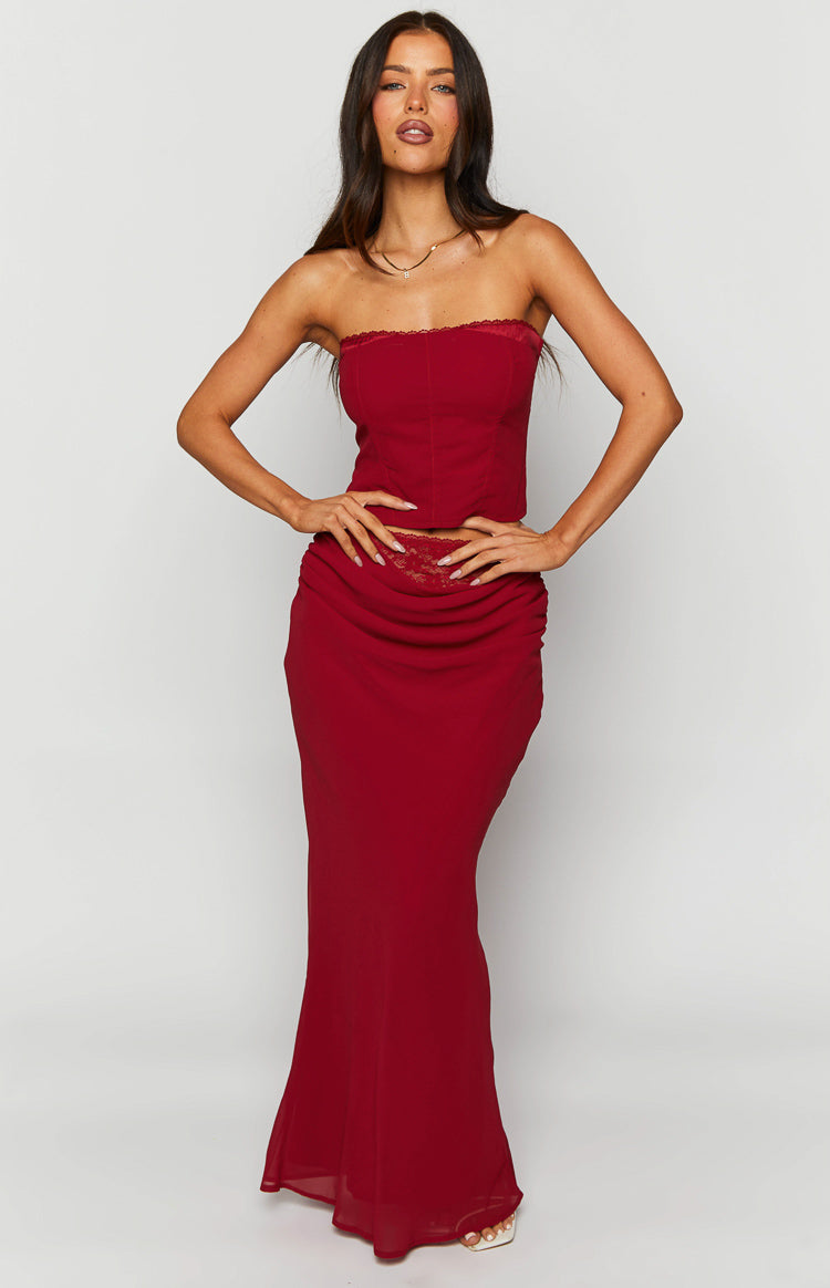 Crimson Rose Red Lace Maxi Skirt — 4