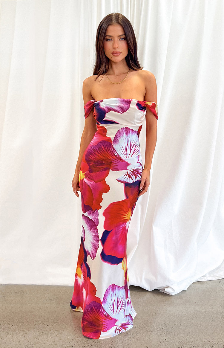 Ella Pink Floral Print Off Shoulder Formal Dress — 1