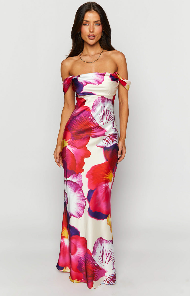 Ella Pink Floral Print Off Shoulder Formal Dress — 2