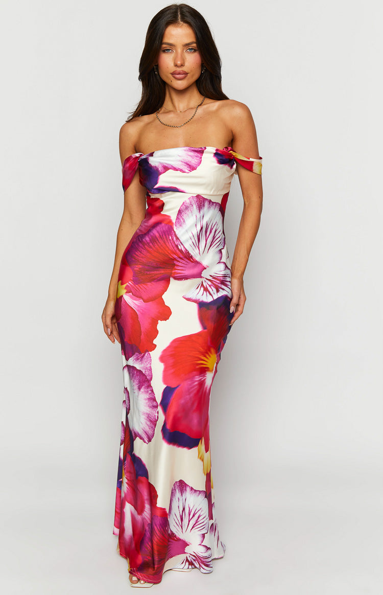 Ella Pink Floral Print Off Shoulder Formal Dress — 3