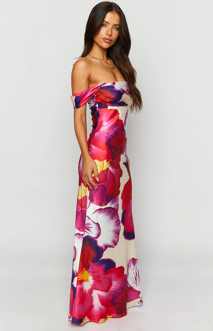 Ella Pink Floral Print Off Shoulder Formal Dress — 4