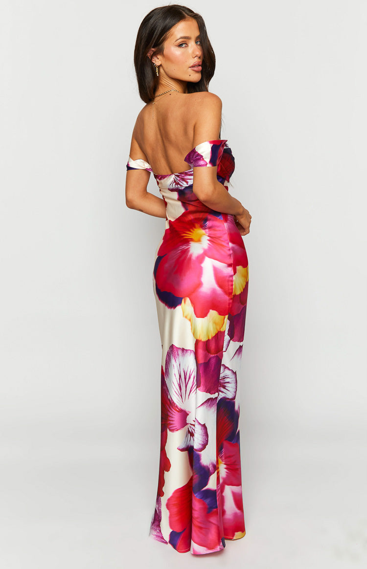 Ella Pink Floral Print Off Shoulder Formal Dress — 5