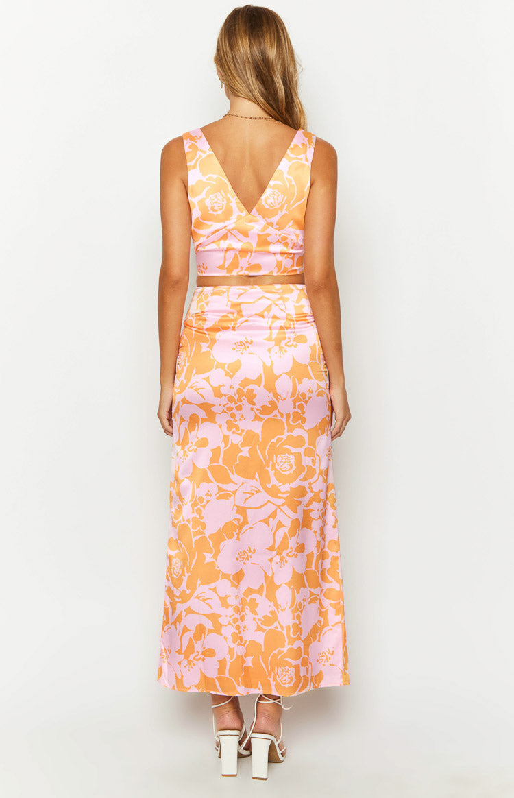 Dahlia Orange And Pink Floral Print Maxi Skirt — 6