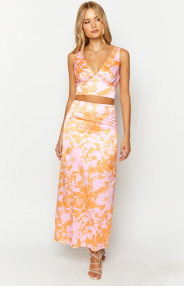 Dahlia Orange And Pink Floral Print Maxi Skirt — 2