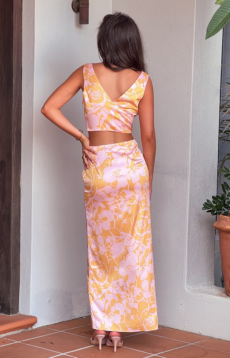 Dahlia Orange And Pink Floral Print Maxi Skirt — 5