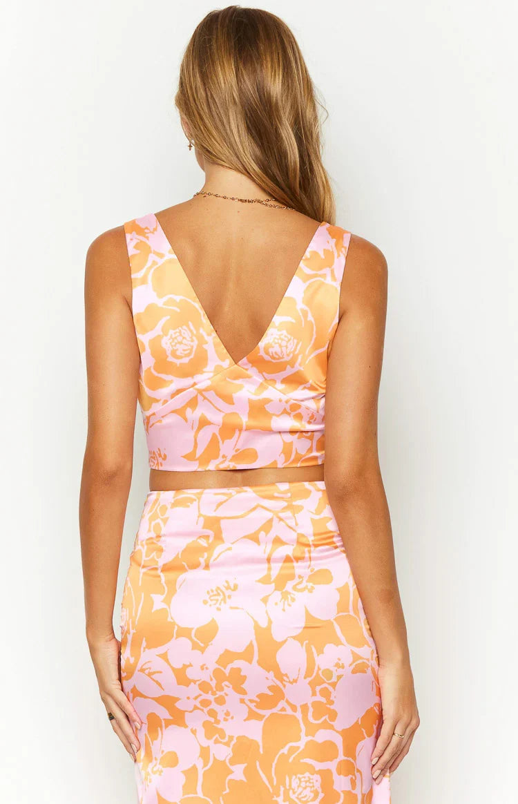 Dahlia Orange And Pink Floral Print Crop Top — 5