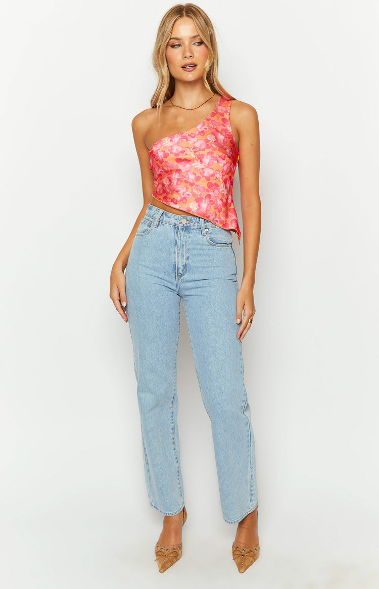 Claudi Orange And Pink Satin One Shoulder Top — 1