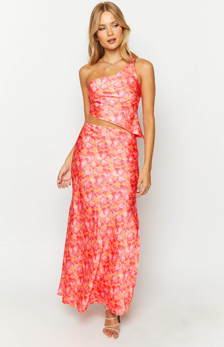 Claudi Orange And Pink Satin One Shoulder Top — 3