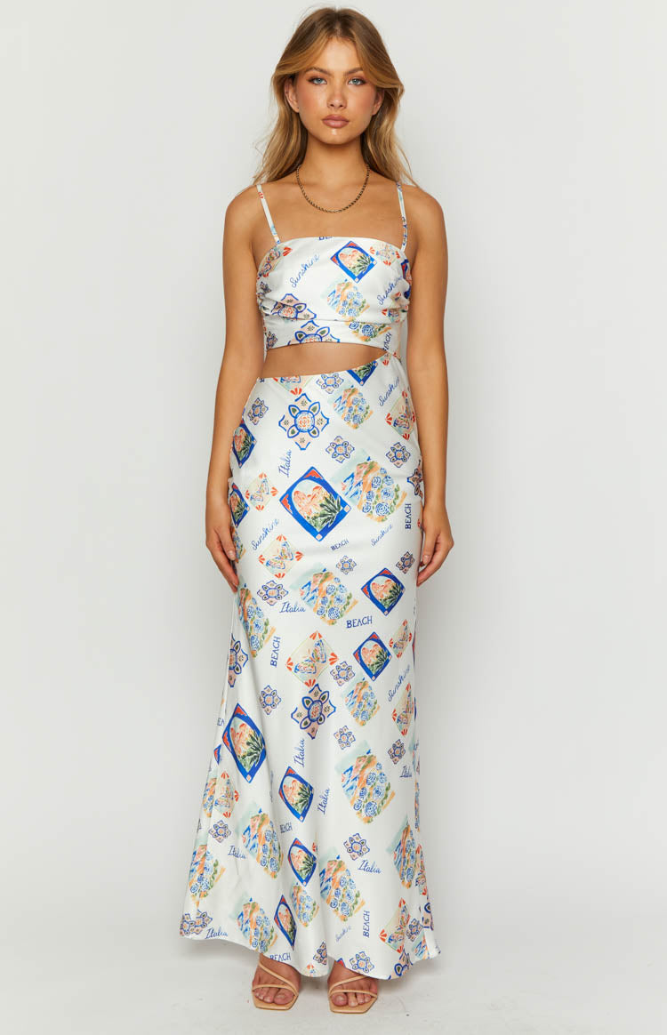 Willa White Satin Italia Print Maxi Dress — 2