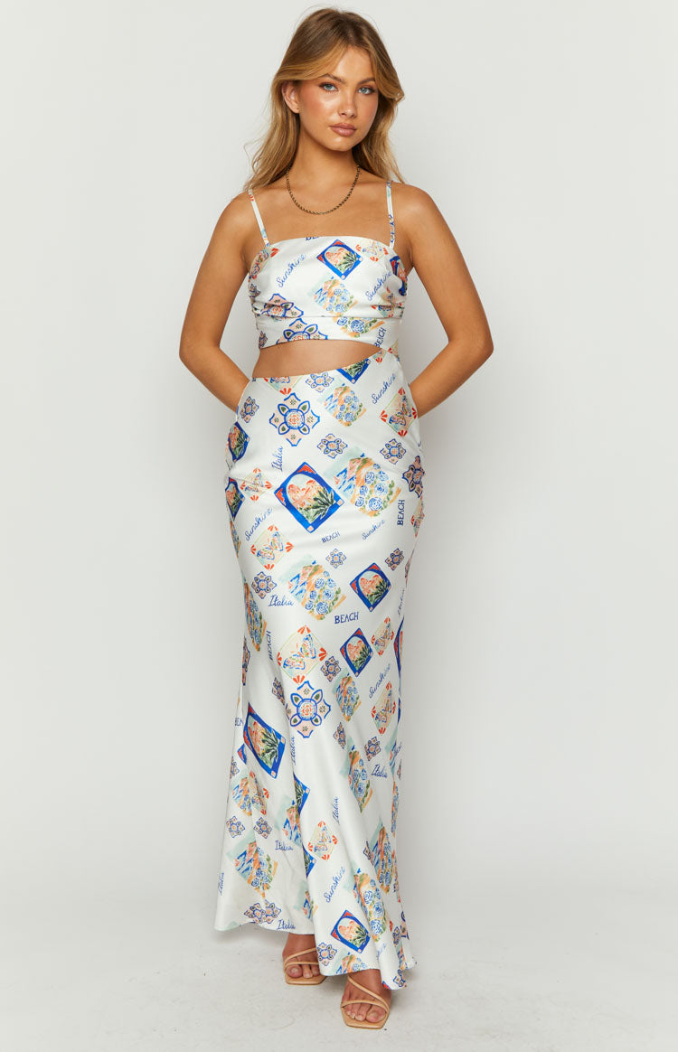 Willa White Satin Italia Print Maxi Dress — 3