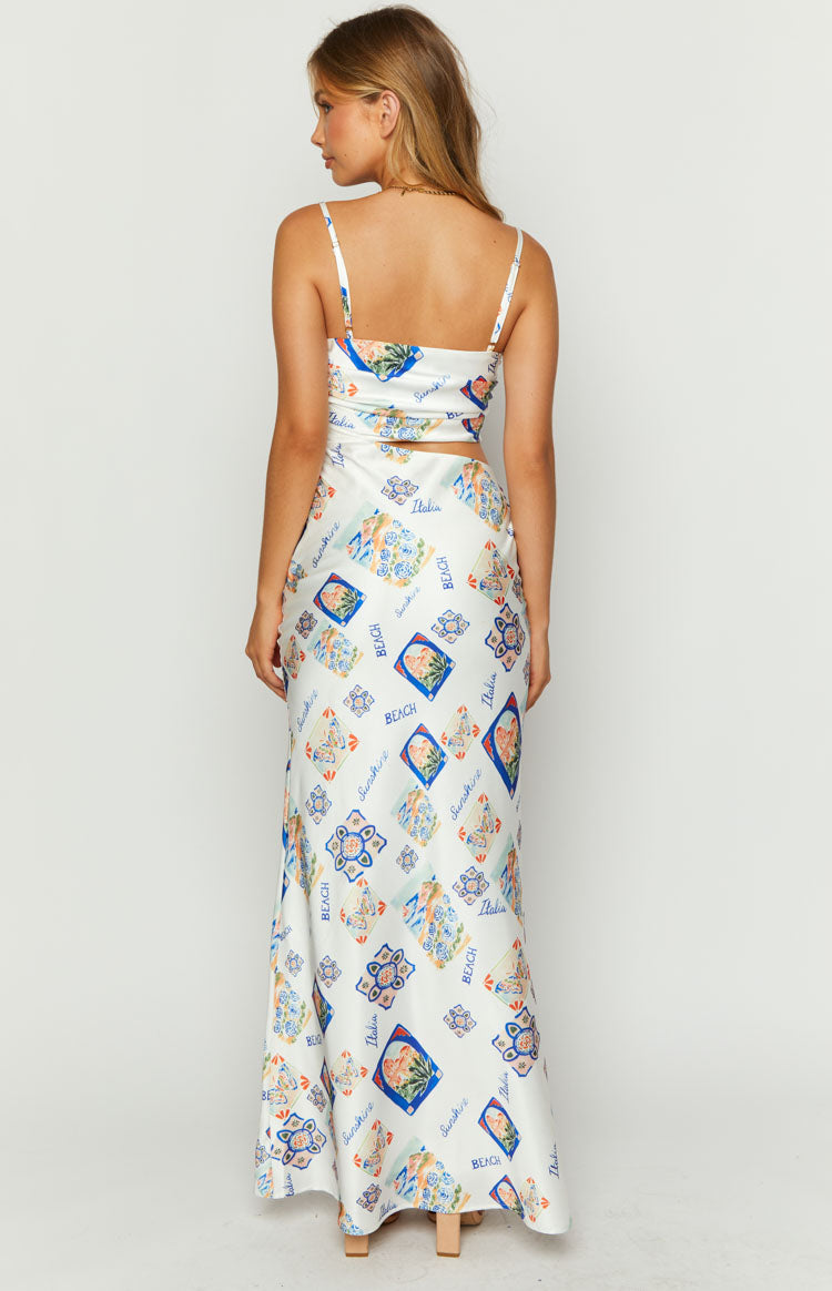 Willa White Satin Italia Print Maxi Dress — 5