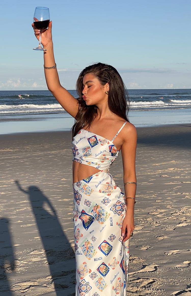 Willa White Satin Italia Print Maxi Dress — 8