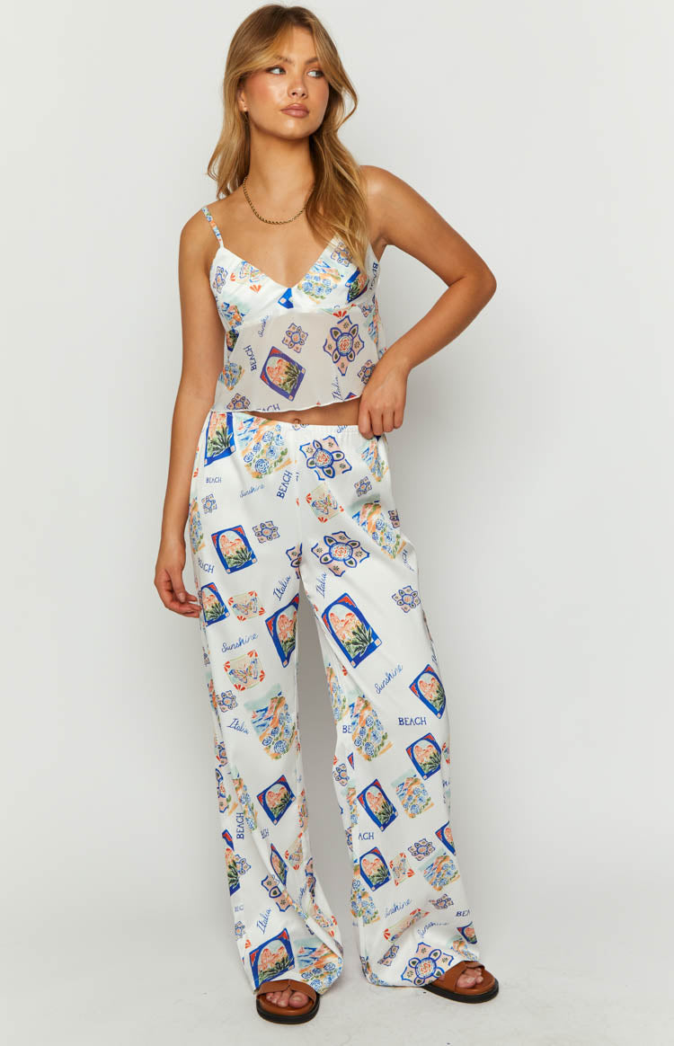 Bridget White Satin Italia Print Pants — 1