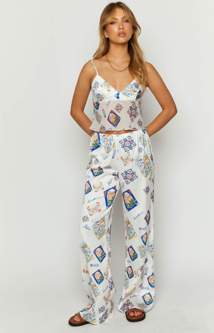 Bridget White Satin Italia Print Pants — 3