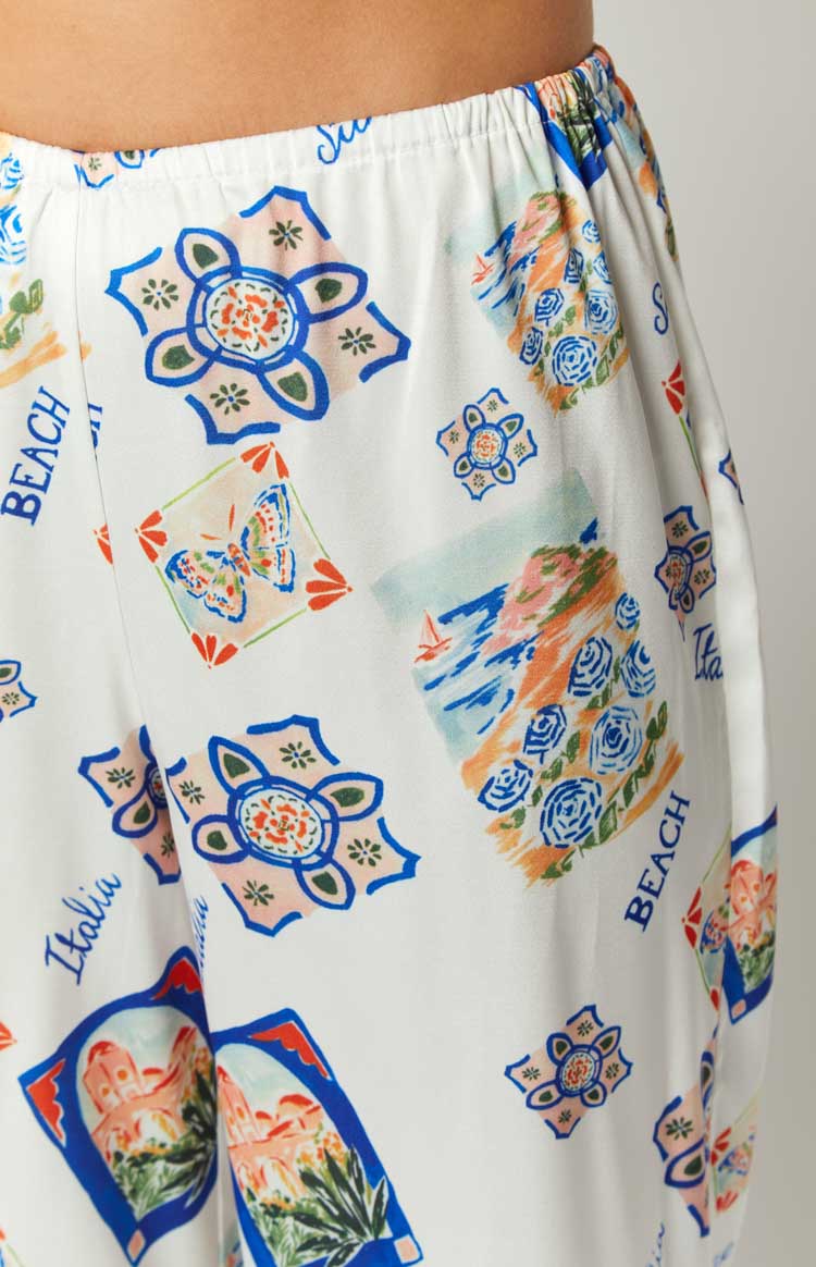 Bridget White Satin Italia Print Pants — 7