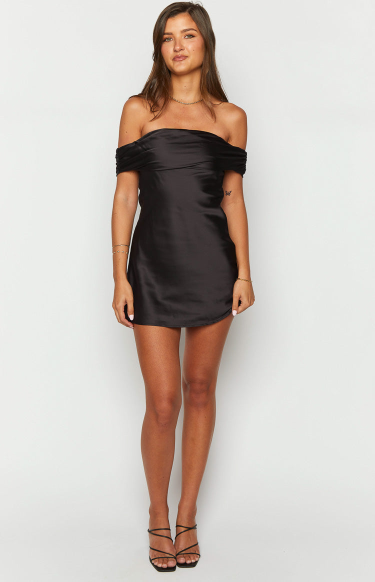 Primrose Black Satin Off the Shoulder Mini Dress — 3
