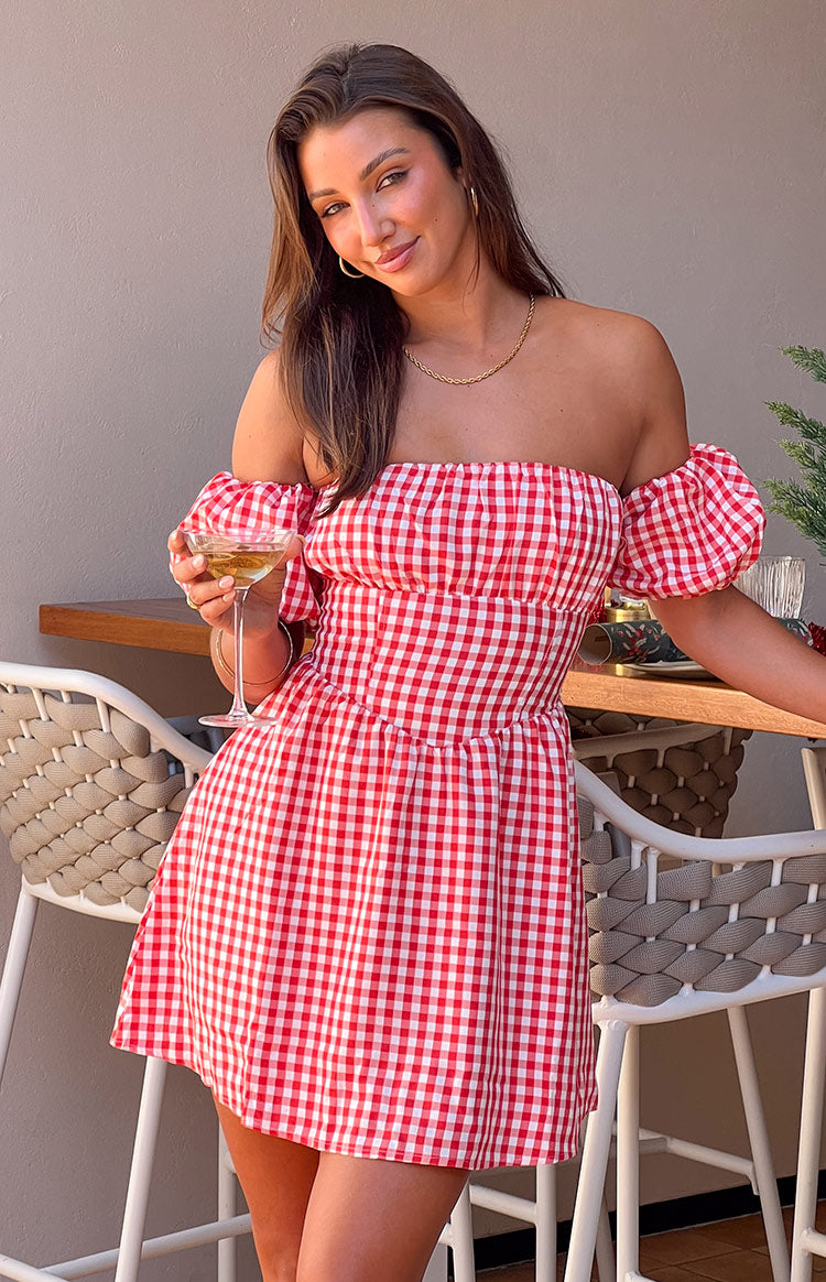 Love Lost Off The Shoulder Red Gingham Mini Dress — 1