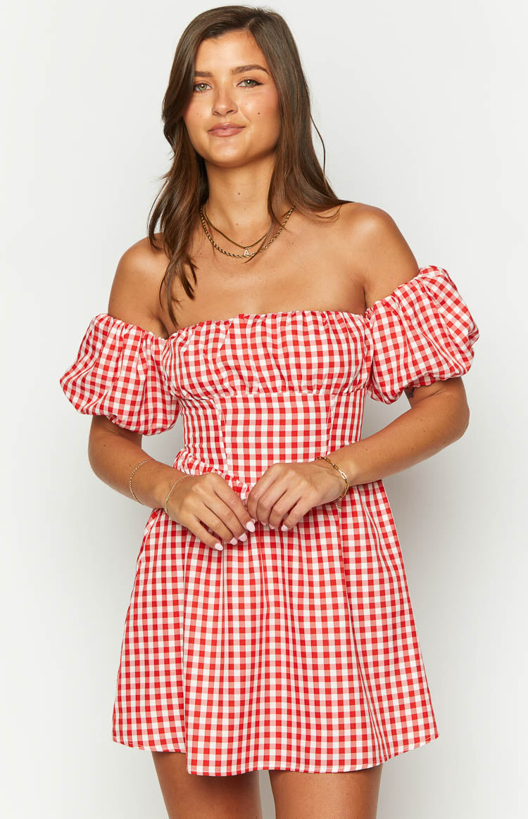 Love Lost Off The Shoulder Red Gingham Mini Dress — 3