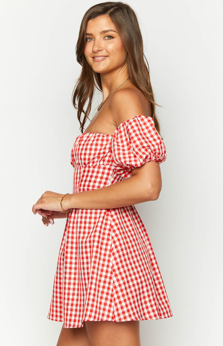 Love Lost Off The Shoulder Red Gingham Mini Dress — 4