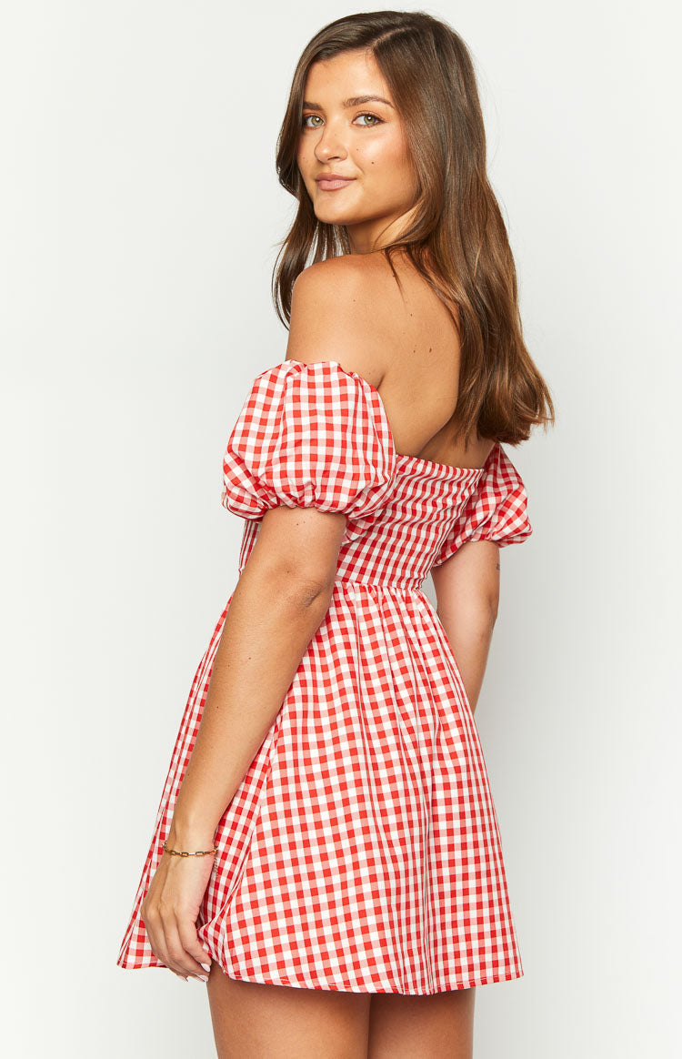 Love Lost Off The Shoulder Red Gingham Mini Dress — 5