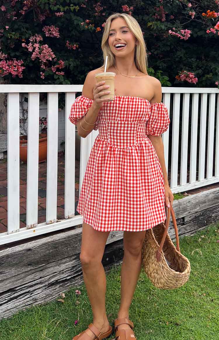 Love Lost Off The Shoulder Red Gingham Mini Dress — 7