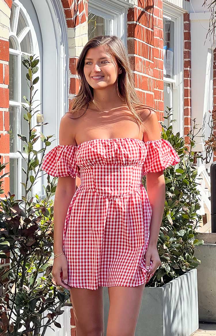 Love Lost Off The Shoulder Red Gingham Mini Dress — 8