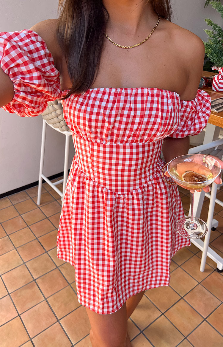 Love Lost Off The Shoulder Red Gingham Mini Dress — 10