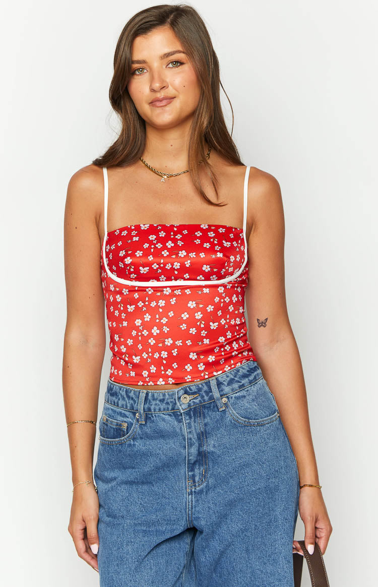 Tamra Red Floral Low Back Top — 2