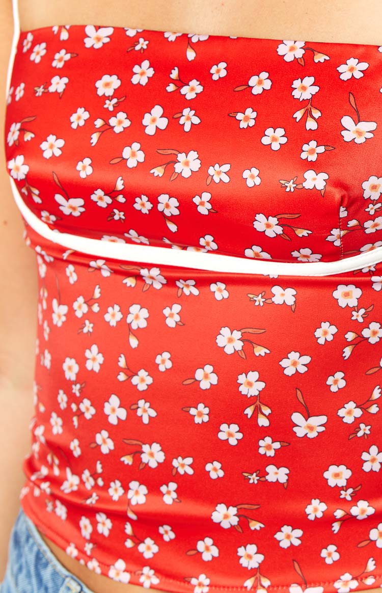 Tamra Red Floral Low Back Top — 7