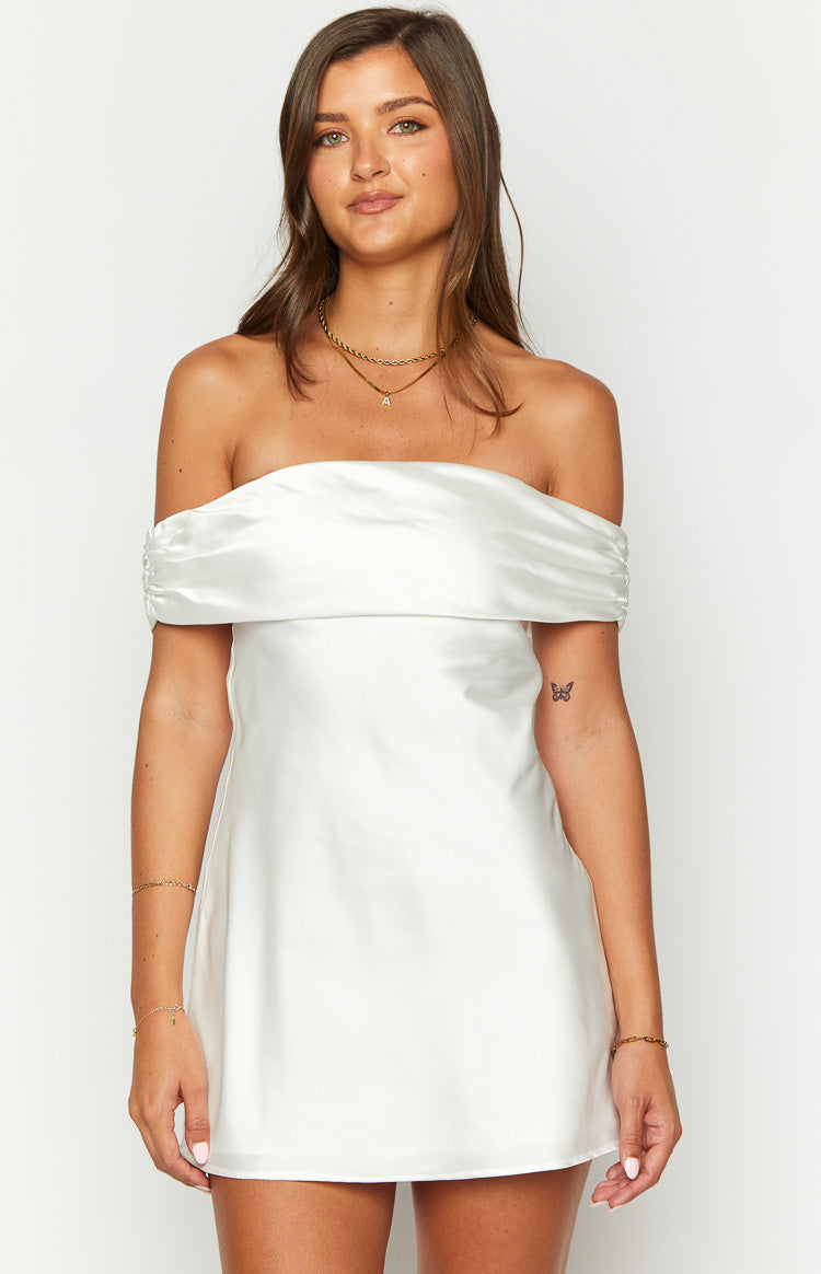 Primrose White Satin Off the Shoulder Mini Dress — 1
