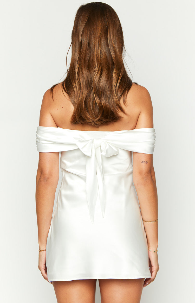 Primrose White Satin Off the Shoulder Mini Dress — 5
