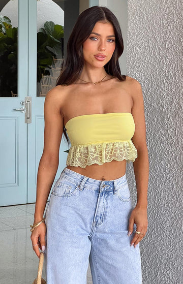 Sparrow Yellow Lace Frill Strapless Crop Top — 1