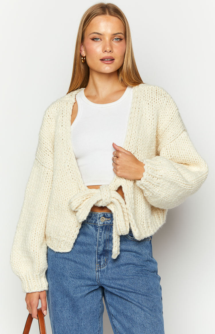 Holiday Cream Tie Up Knit Cardigan — 3