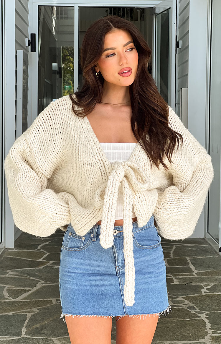 Holiday Cream Tie Up Knit Cardigan — 22