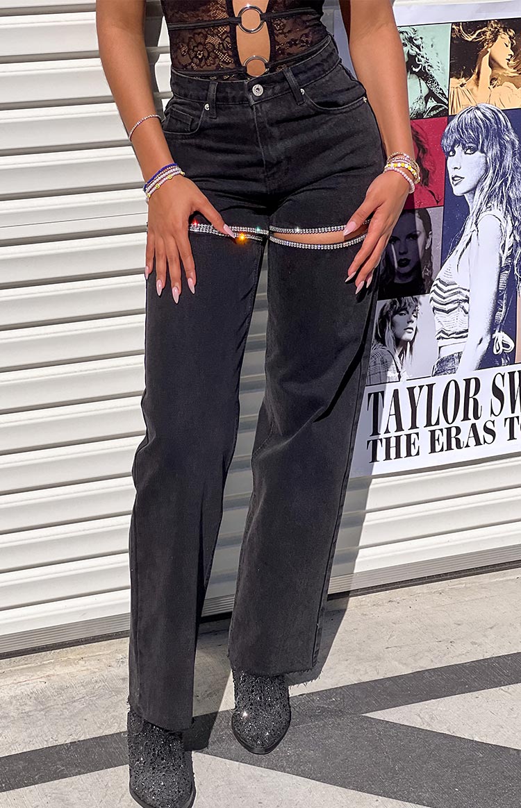 Gem Diamante Trim Wide Leg Black Denim Jeans — 1