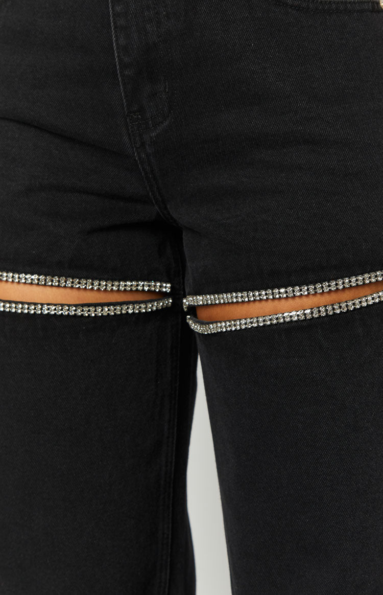 Gem Diamante Trim Wide Leg Black Denim Jeans — 8