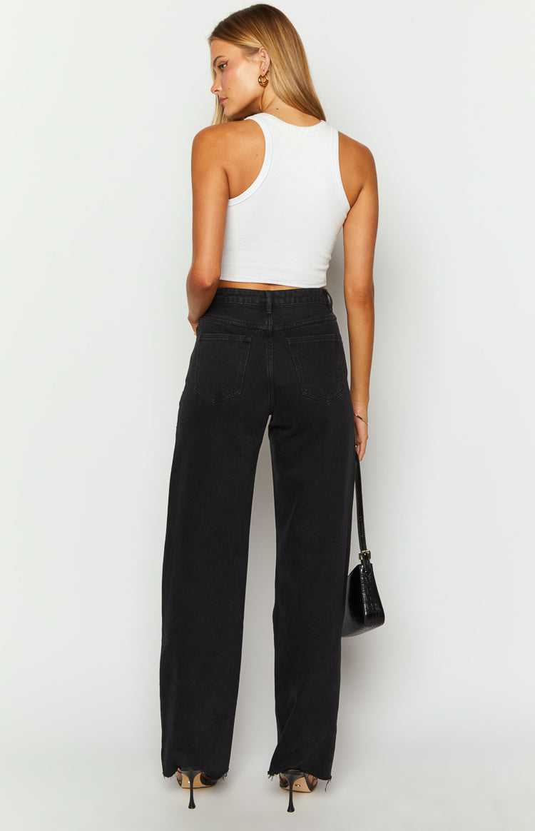 Gem Diamante Trim Wide Leg Black Denim Jeans — 7