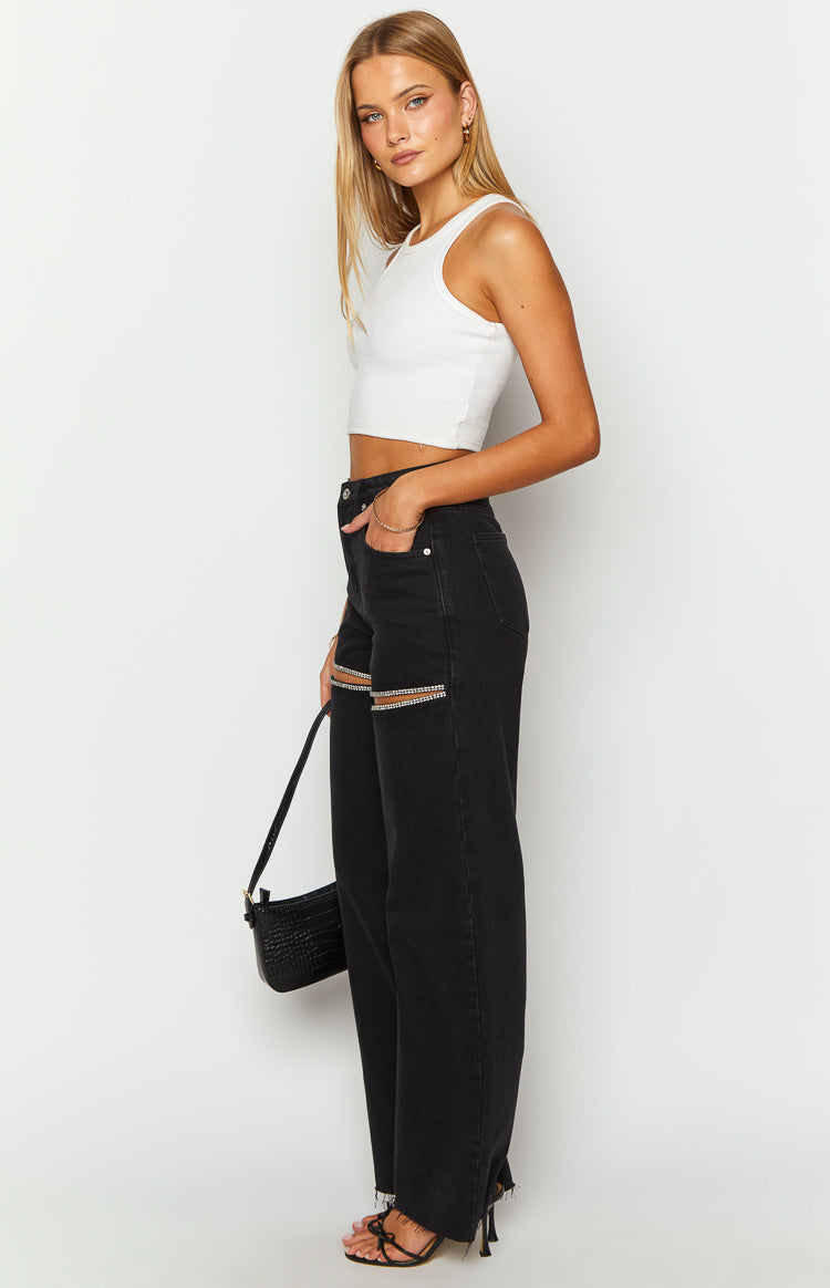 Gem Diamante Trim Wide Leg Black Denim Jeans — 4