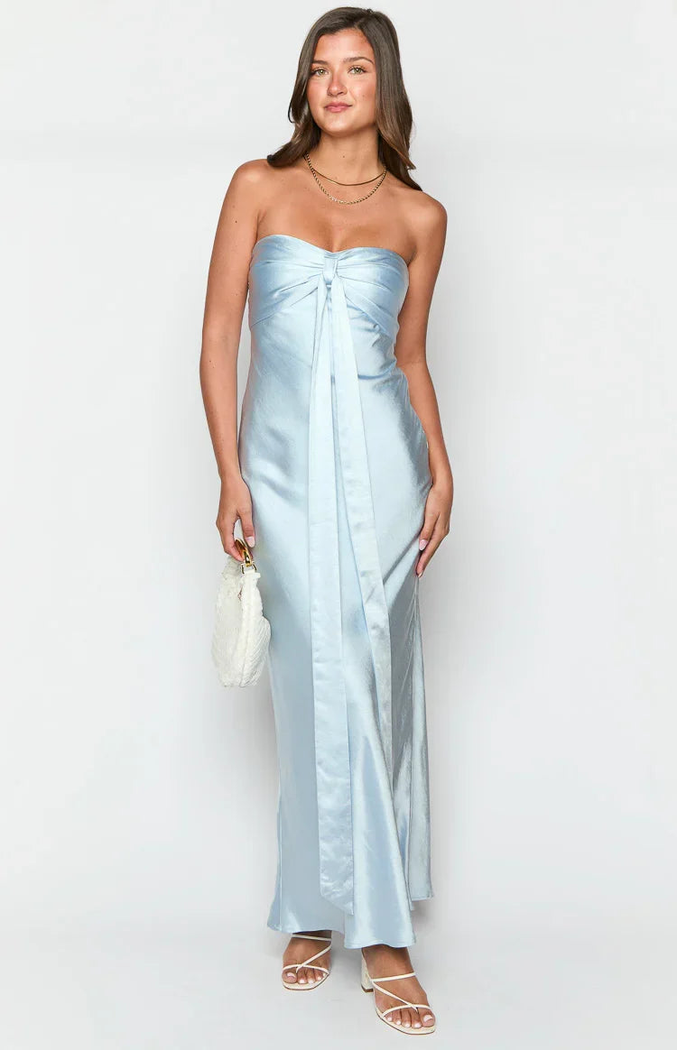 Ariella Blue Satin Strapless Maxi Dress — 3