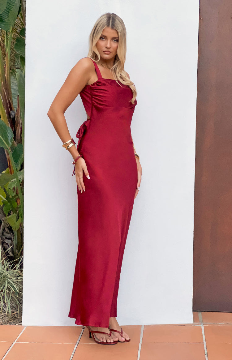 Laria Wine Satin Formal Maxi Dress — 1