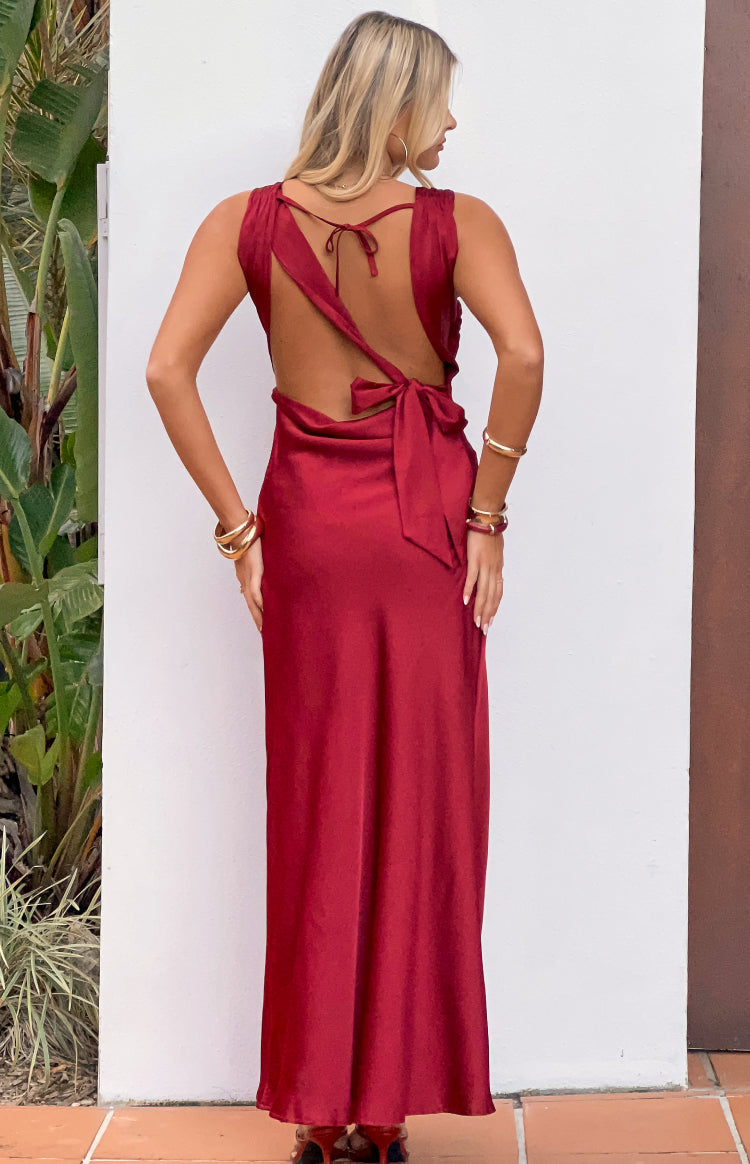 Laria Wine Satin Formal Maxi Dress — 4