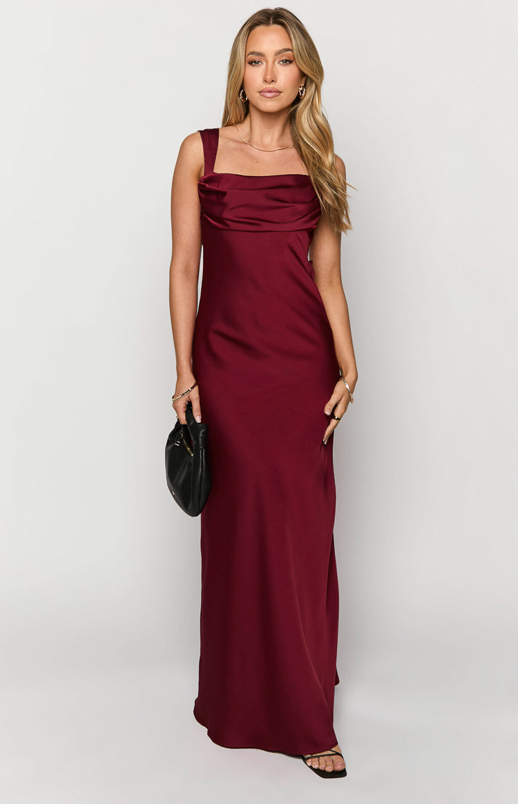 Laria Wine Satin Formal Maxi Dress — 7