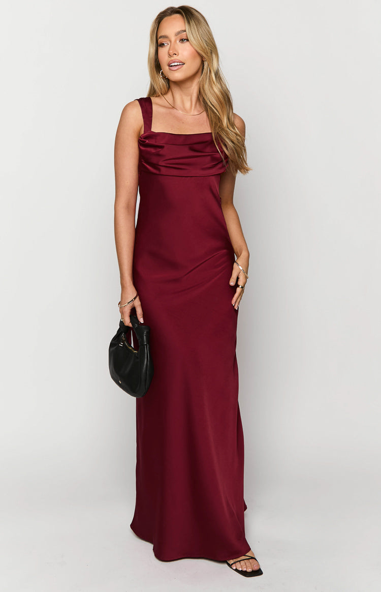 Laria Wine Satin Formal Maxi Dress — 8