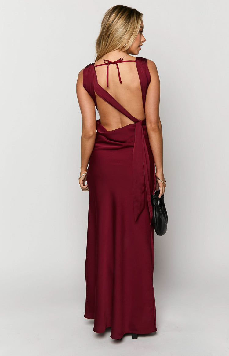 Laria Wine Satin Formal Maxi Dress — 10