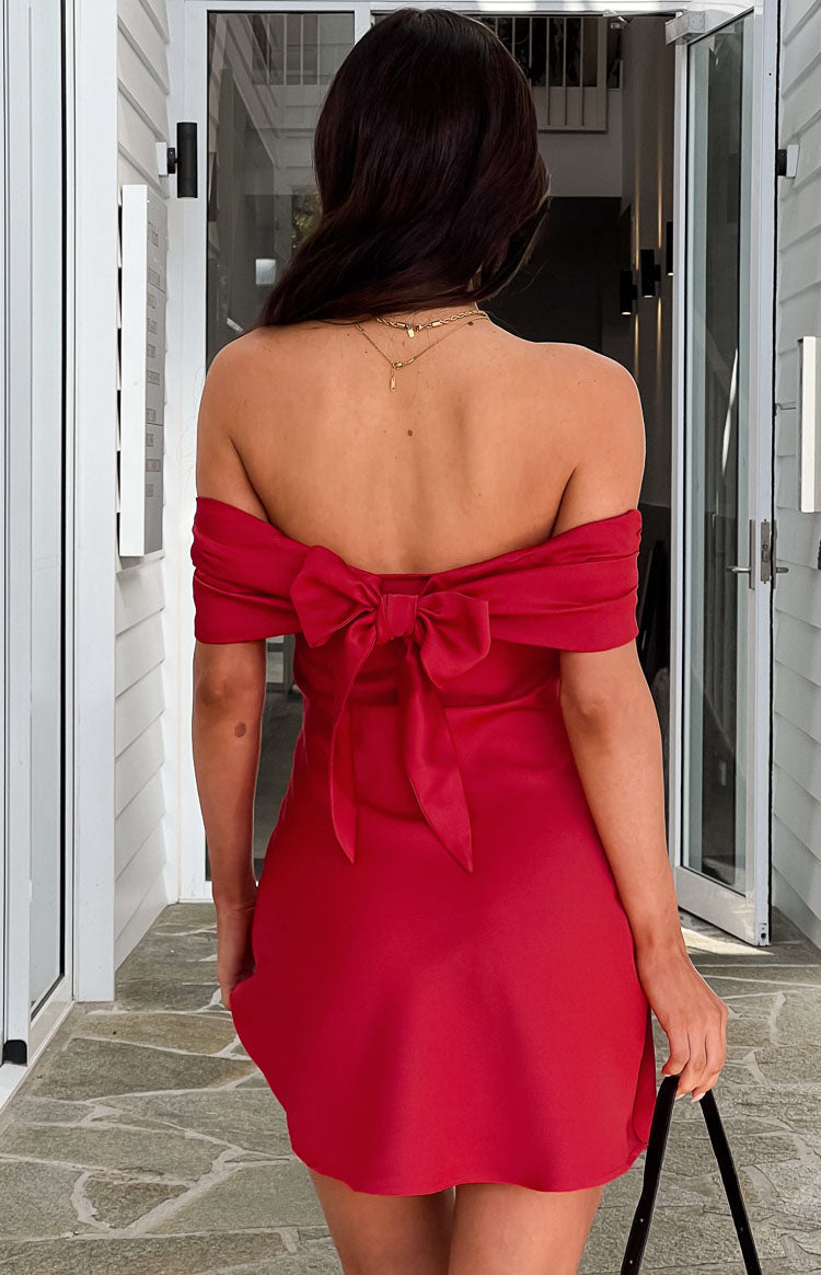 Primrose Red Satin Off the Shoulder Mini Dress — 1
