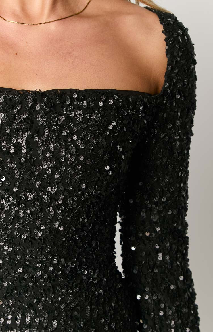 Marienne Black Velvet Sequin Long Sleeve Mini Dress — 6