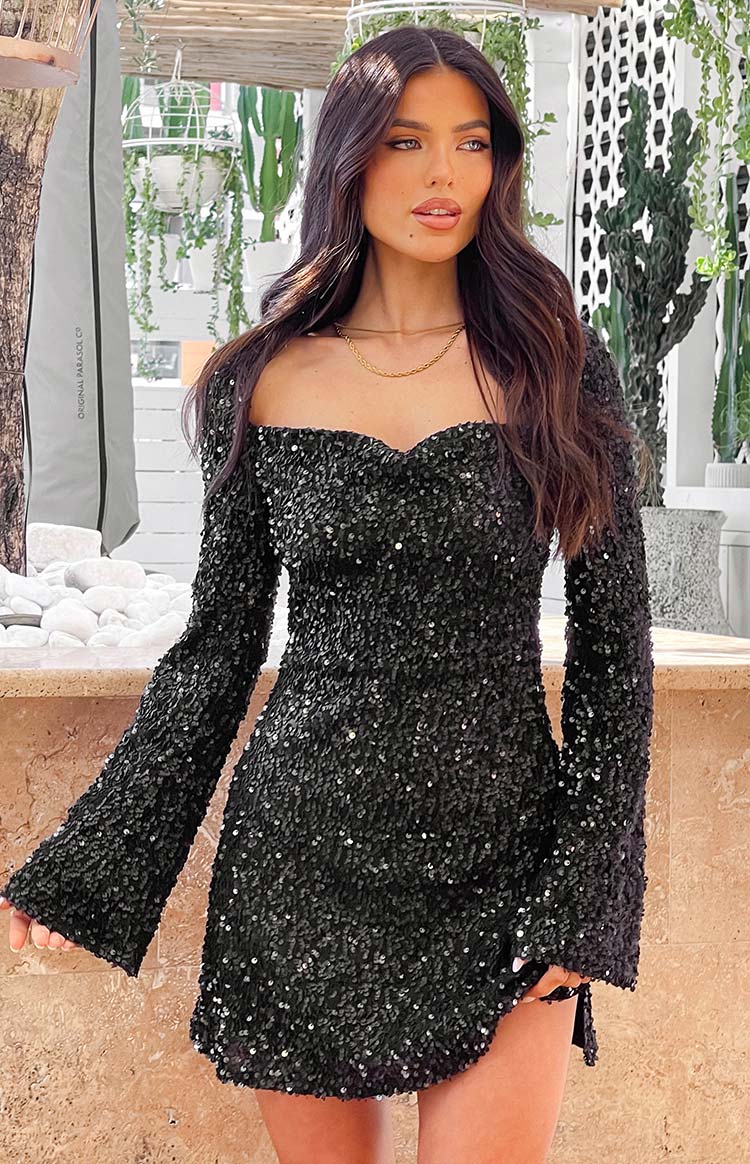 Marienne Black Velvet Sequin Long Sleeve Mini Dress — 7