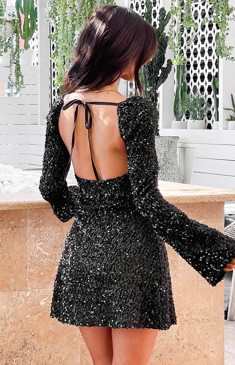 Marienne Black Velvet Sequin Long Sleeve Mini Dress — 1