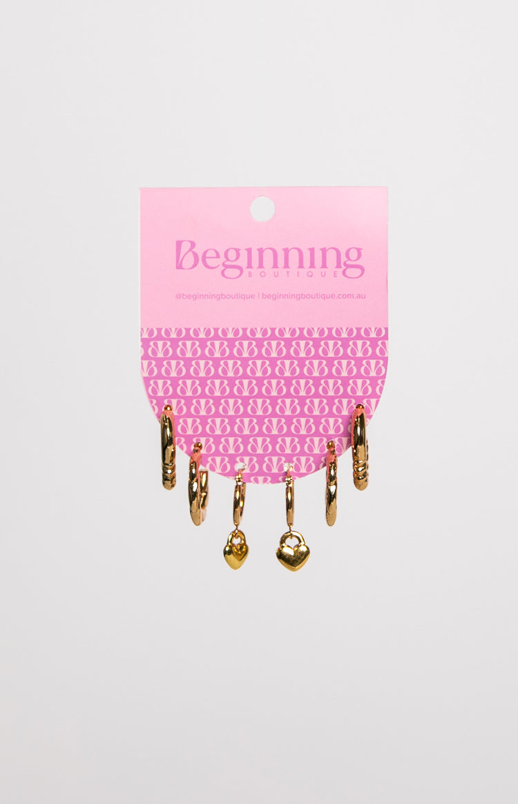 Mandey Gold Heart Hoop Earrings 3 Pack — 3